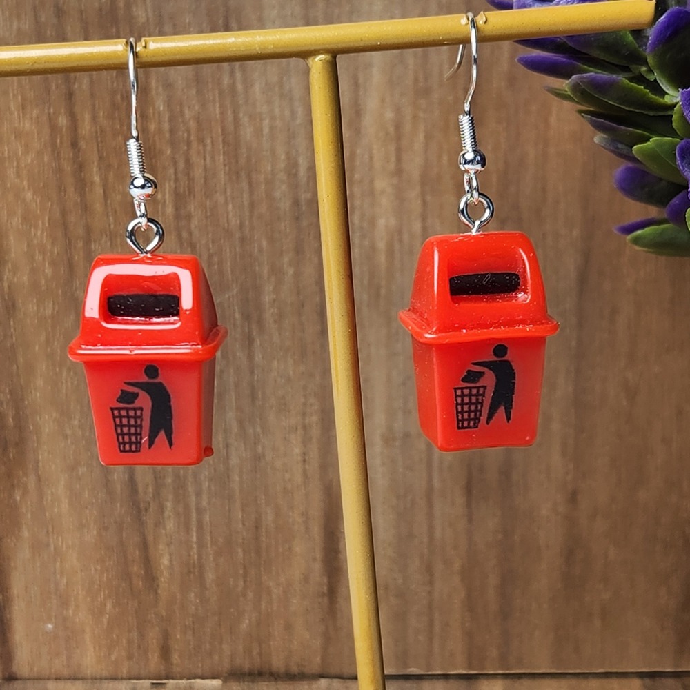 Red Trash Can Dangle Earrings Novelty Miniature Garbage Bin Jewelry 1.75" - Picture 3 of 4